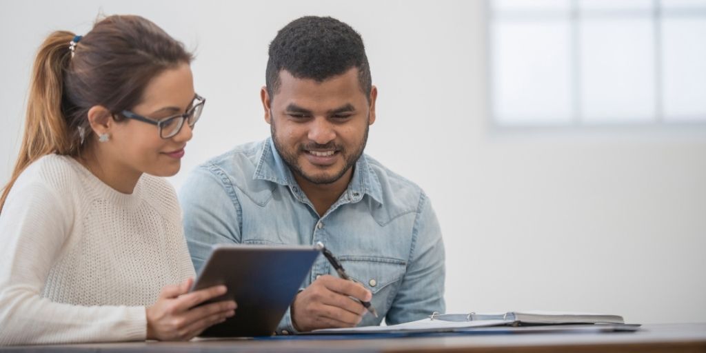 man and women studying