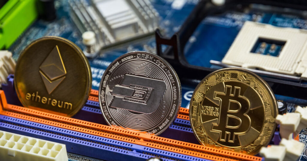three cryptocurrency coins